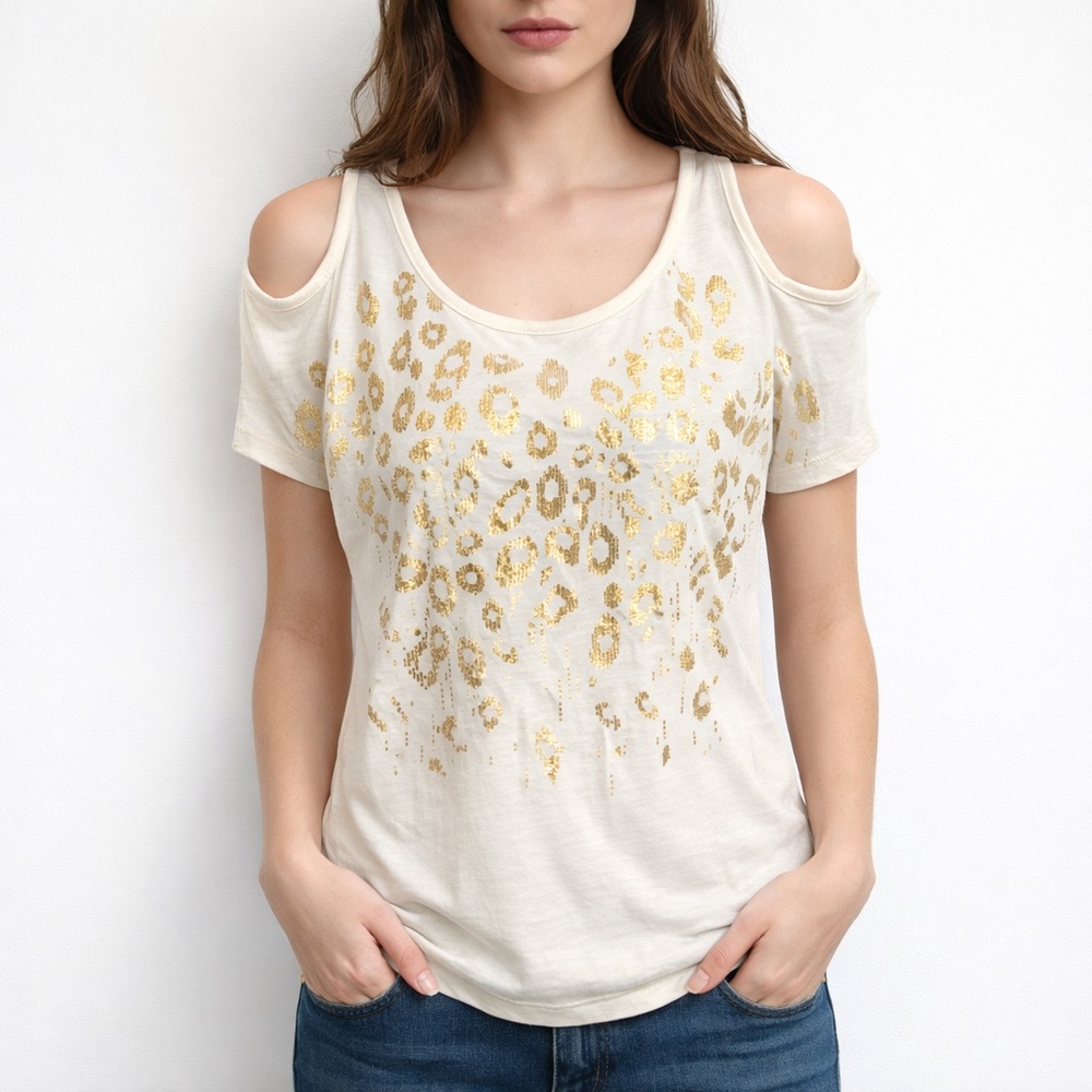 Fifth Sun Cream and Gold Leopard Print Cold Shoulder Tee